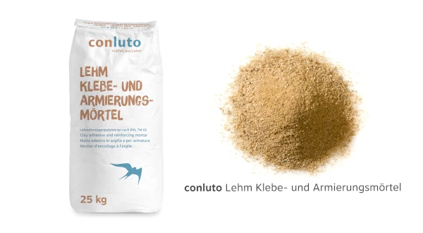 conluto Klebe- und Armierungmörtel Lehmputz von Conluto Bild von 25 Kilo Sack Klebe und Armierungsmörtel und Detailansicht Material